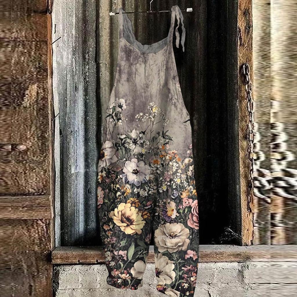 Women's Jumpsuit Floral Print Casual Loose Vintage Shoulder Strap Cotton Linen