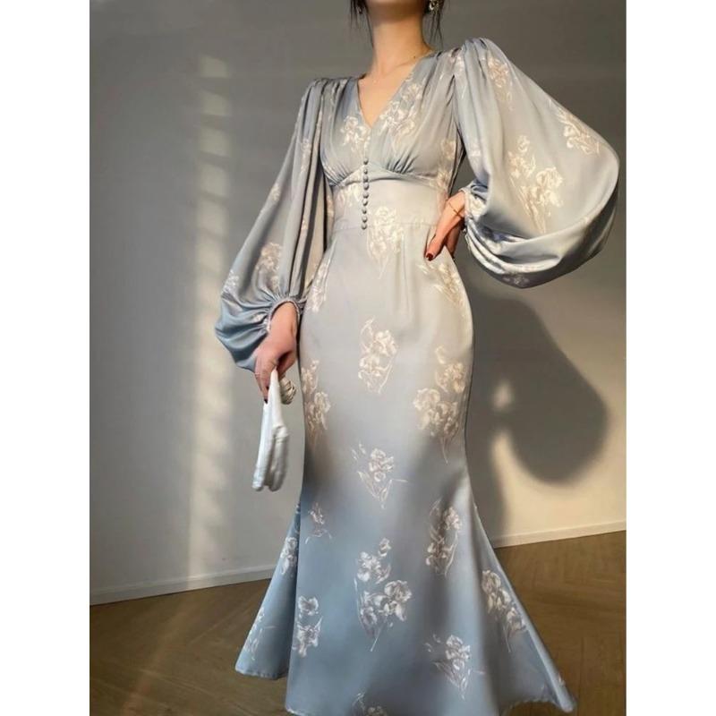 Neu Elegante Druck Meerjungfrau Kleider für Frauen Sommer Neue Slim V-ausschnitt Langarm Landebahn Partei Robe