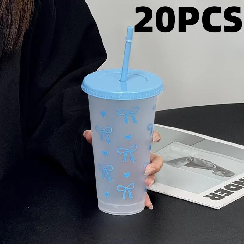 20Pcs Bowknot Plastic Cup with Straw Lid for Ice Coffee Juice Tea Plastic Cup Portable Drinking Bottle Valentine's Day Gift