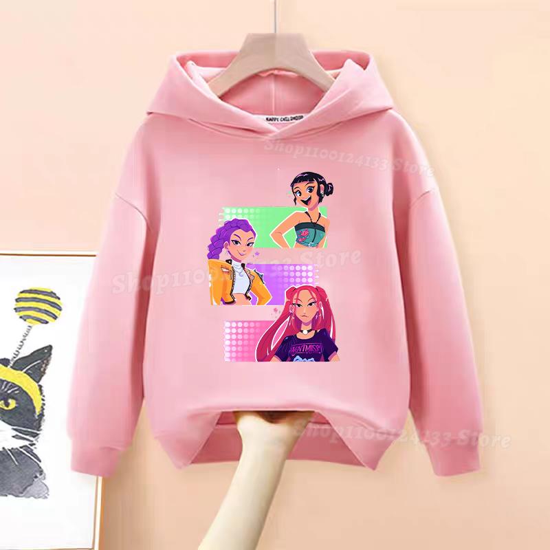 Demone Hunter Girl's Pink Hooded Streetwear Autumn Cute Anime Baby Pullover Kids Y2K Kawaii Long Sleeved T-shirt Casual Clothes