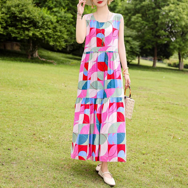 Elegant Sleeveless Dress for Women Plus Size Short Sleeve Vintage Print Long Dress Summer Casual Middle-aged Women's Clothing