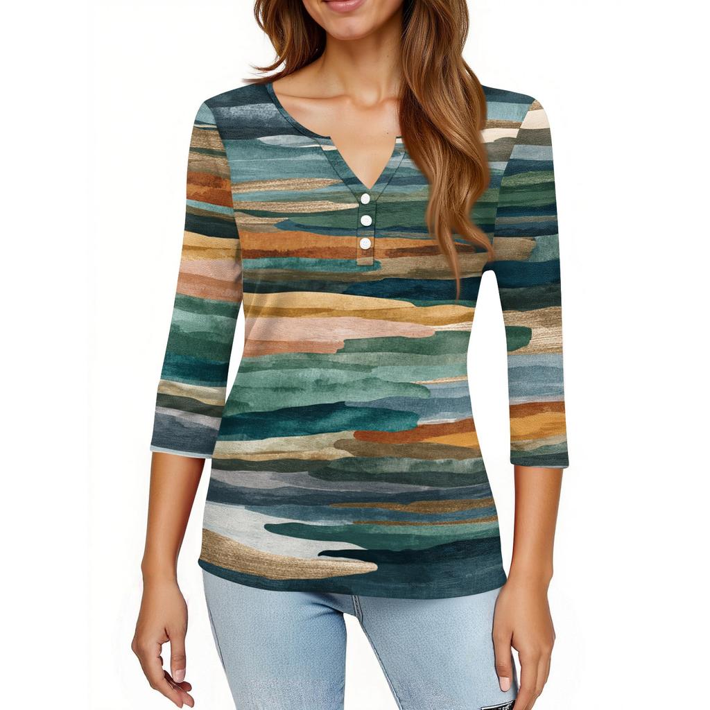 Women's T Shirt Print Button 3/4 Sleeve Daily Weekend Fashion Basic V- Neck Regular Top