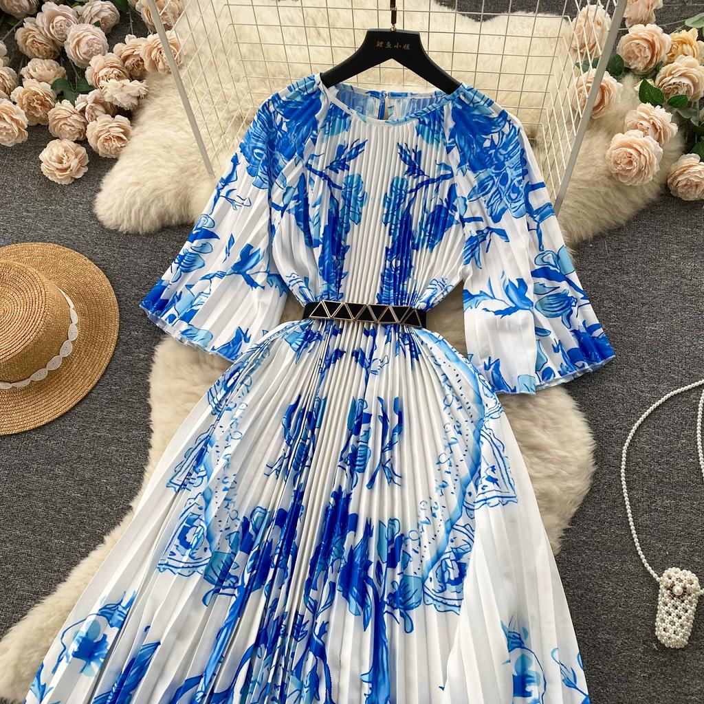Spring Autumn Women Print Loose Pleated Dress Half Sleeve Oversized Long Maxi Robe