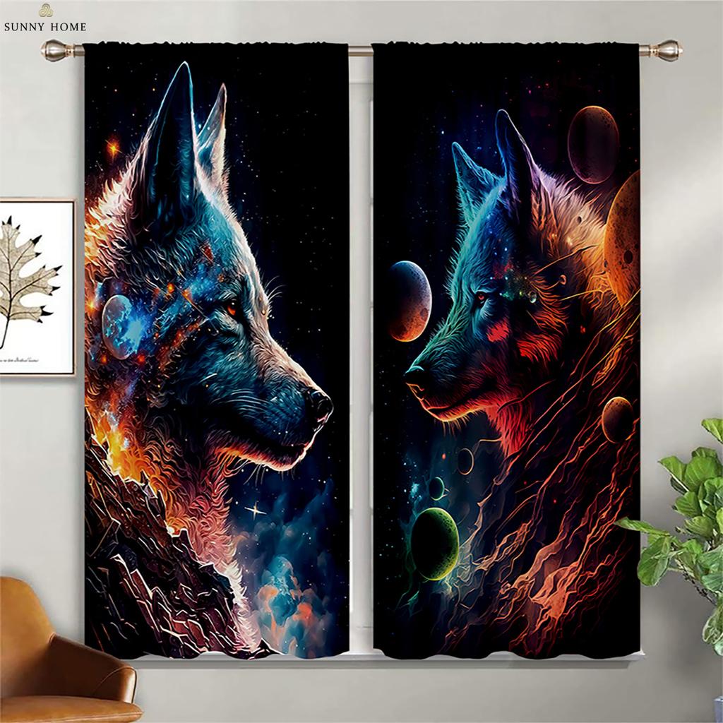 Blackout Heat Insulation Curtains Dream Starry Sky Wolf Print Curtains Children's Room Living Room Outdoor Decorative Curtains