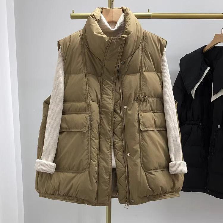 

Пуховой жилет Женский Свободный Модный Однотонный Стойка Воротник Простой и Универсальный Осенний Жилет Куртка XXL хаки