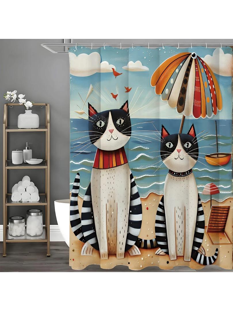 

Cute Cat Ocean Beach Umbrella Shower Curtain, Bathroom Decorative Shower Curtain, Waterproof Shower Curtain With Hooks W60H190(CM)-1 Pcs