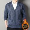 Men's V-Neck Jacquard Sweater Coat - Plus Velvet Knitted Cardigan for Autumn/Winter