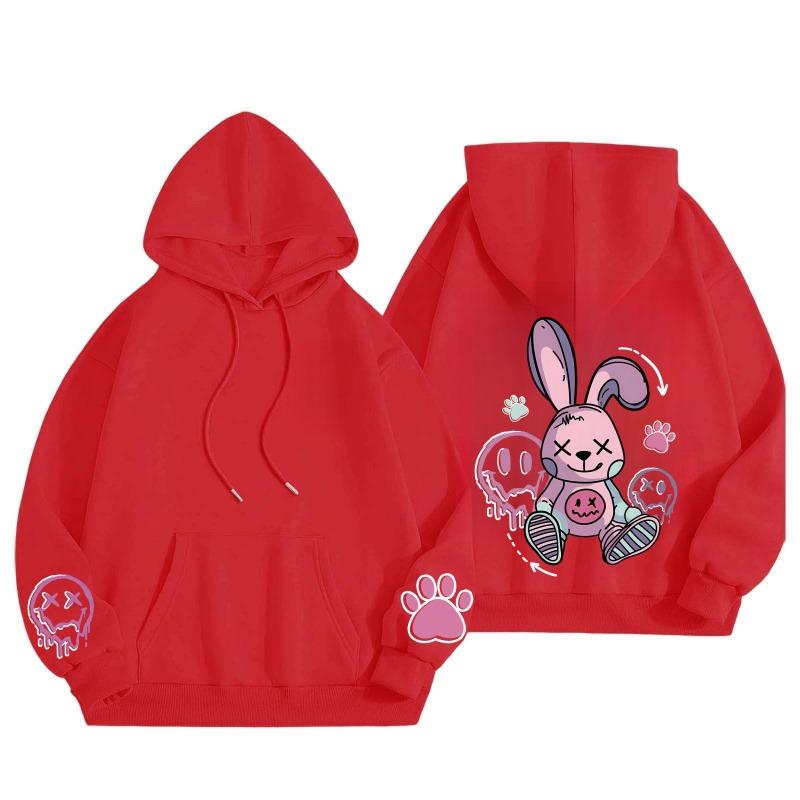 Women's Loose Cute Warm Hoodie Pink Rabbit Doll Sleeve Print Comfortable Casual Hoodie