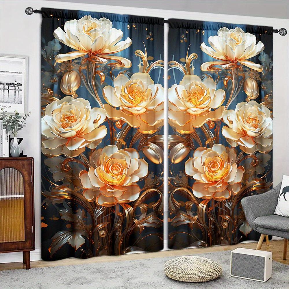 2 ks Nádherný zlatý růžový květinový závěs pro domácí dekoraci Kapsa na tyč Úprava okna Pro okna ložnice, kanceláře, kuchyně