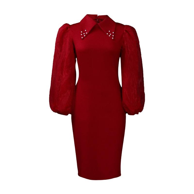 

Женское весенне-осеннее платье с длинным рукавом большого размера, облегающее бедра, с отделкой бусинами и сеткой, деловое, юбка-карандаш S