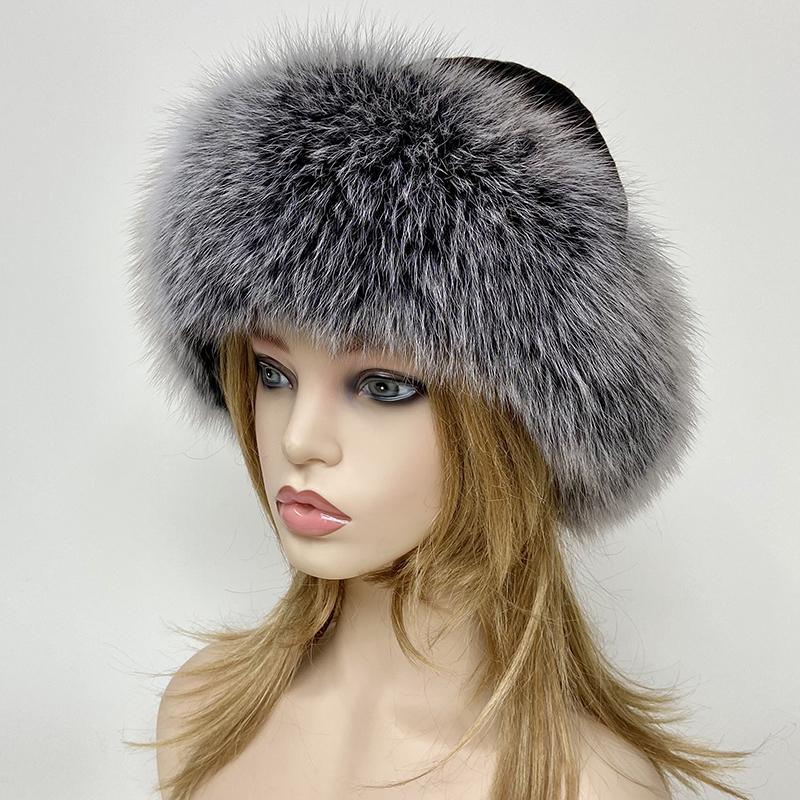 Russian Winter Fur Hat Warm Fluffy Women Round Hat Fluffy Real Fox Rabbit Fur Bucket Hat