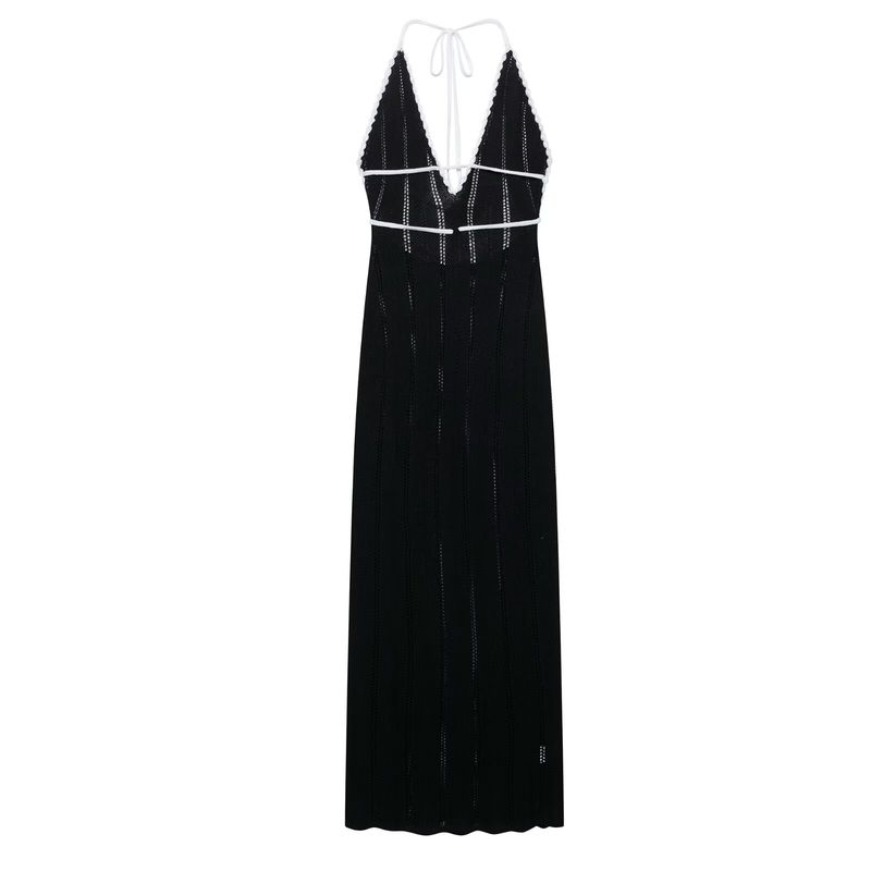 Kaslead New Women Clothes Western Style Backless Strap Slightly Transparent Design Deep V-neck Contrast Color Dress