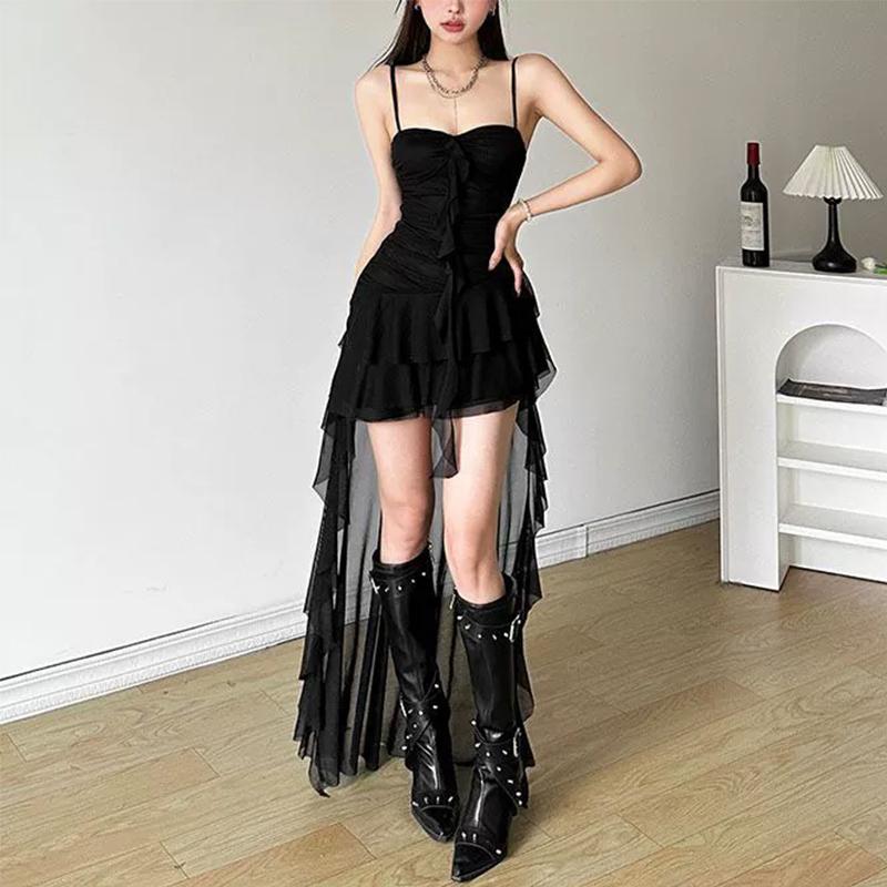 Sexy Spaghetti Strap Ruffle Irregular Bodycon Party Club Evening Dress Women Mesh Suspender Spring Summer Holiday Beach