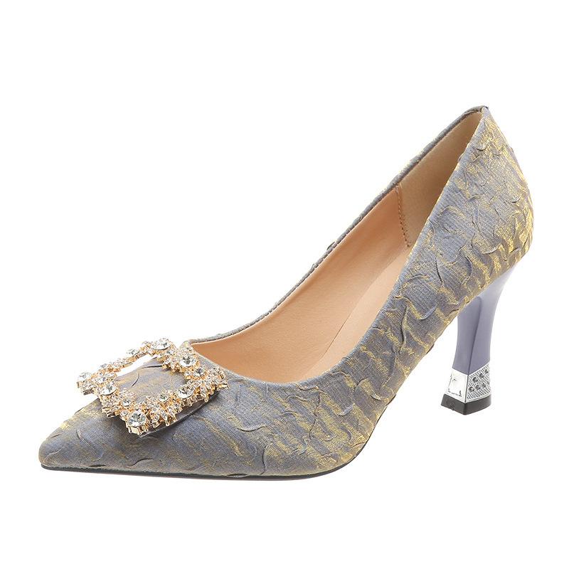 2025 new pointed rhinestone square buckle high heel thick heel single shoes women's Doudou shoes Internet celebrity shallow mouth evening wind wome