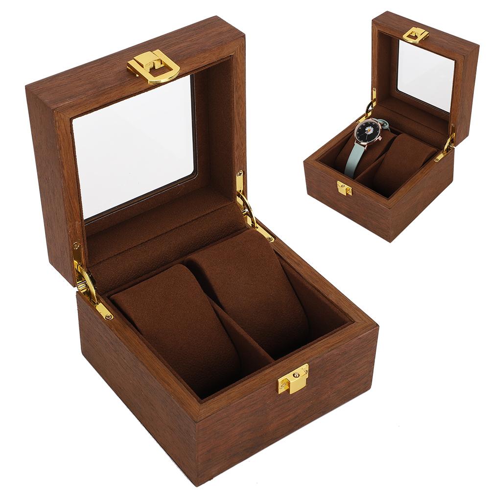 Wooden Watch Case 2 Slot Clamshell Watch Storage Box Organizer Black Walnut Color