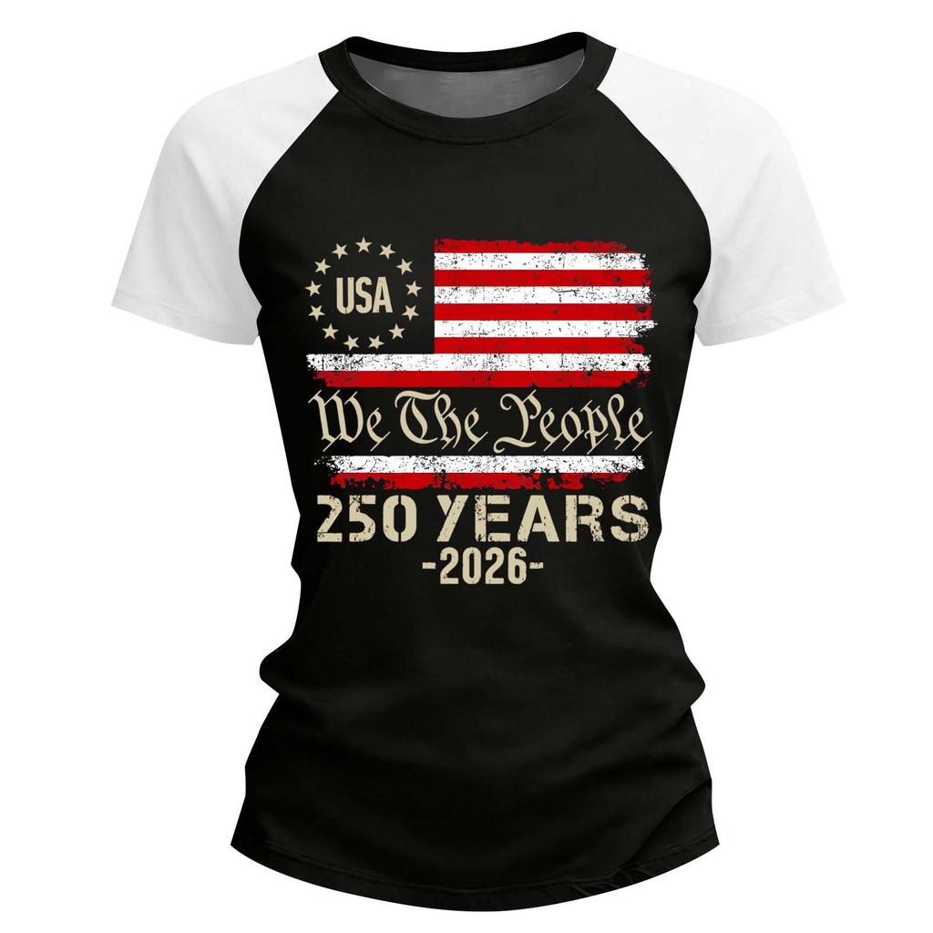 Women's Casual Short Sleeve Raglan Sleeve Crew Neck Graphic Tee Shirt with Vintage Style Patriotic Print for Everyday Wear