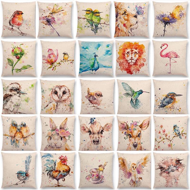 Exquisite Watercolor Lion Flowers Butterfly Lane Bird Wren Cushion Cover Ideal For Stylish Homes