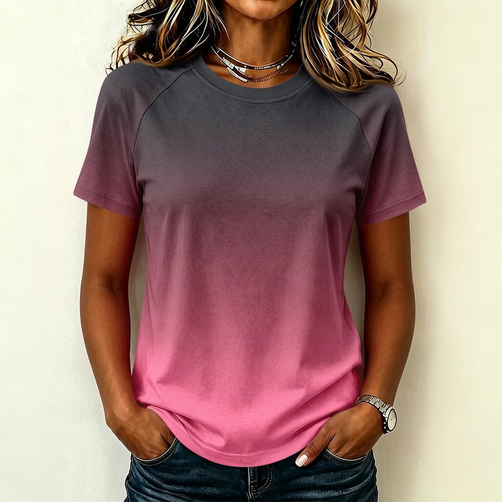 Damen Casual Raglanärmel Rundhals Kurzarm T-Shirt Farbverlauf Druck Leichtes Sommer Oberteil