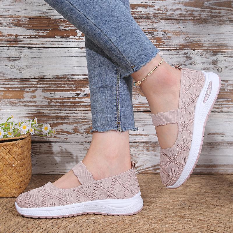 Knit Mesh Slip-On Sneakers for Women, Comfortable Air Cushion Sole Breathable Casual Walking Shoes with Mary Jane Strap