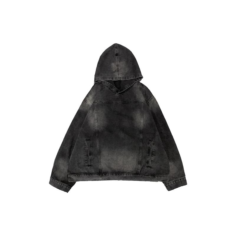 Men's Retro Denim Hooded Sweatshirt Jacket – Washed Distressed Look for Autumn/Winter