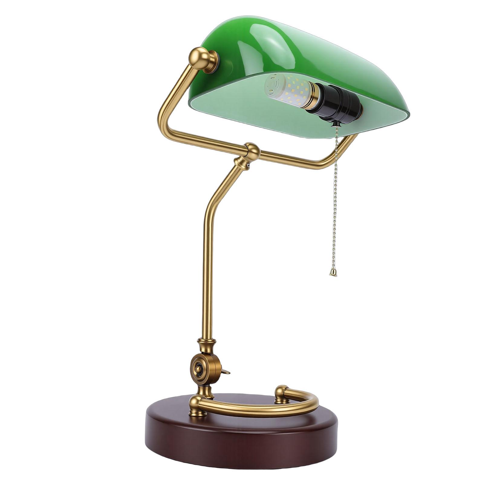 

Vintage Desk Lamp 350 Degree Rotatable Antique Table Lamp with Pull Chain Wood Base Glass Shade for Bedroom Living Room