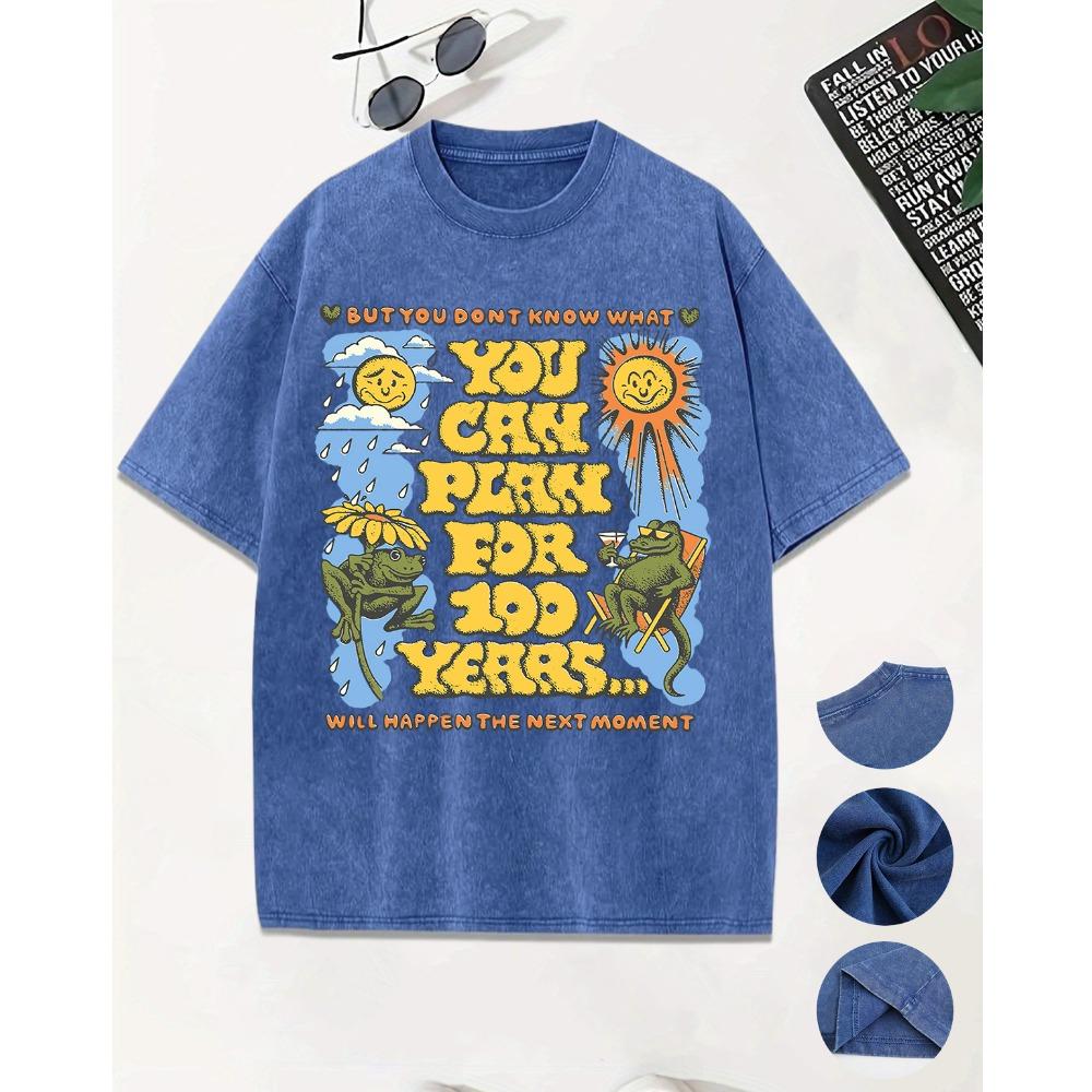 You Can Plan For 100 Years Prints Washed Men T-Shirt Casual Breathable Short Sleeve Soft Cotton Streetwear Loose Top