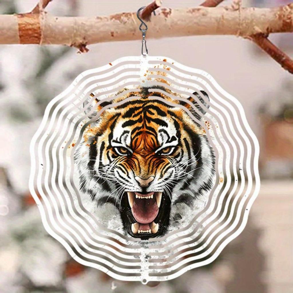 2D Metal Wind Spinner Garden Patio Decoration Charming Fierce Tiger Pattern Outdoor Wind Chime for Thanksgiving Christmas Holiday