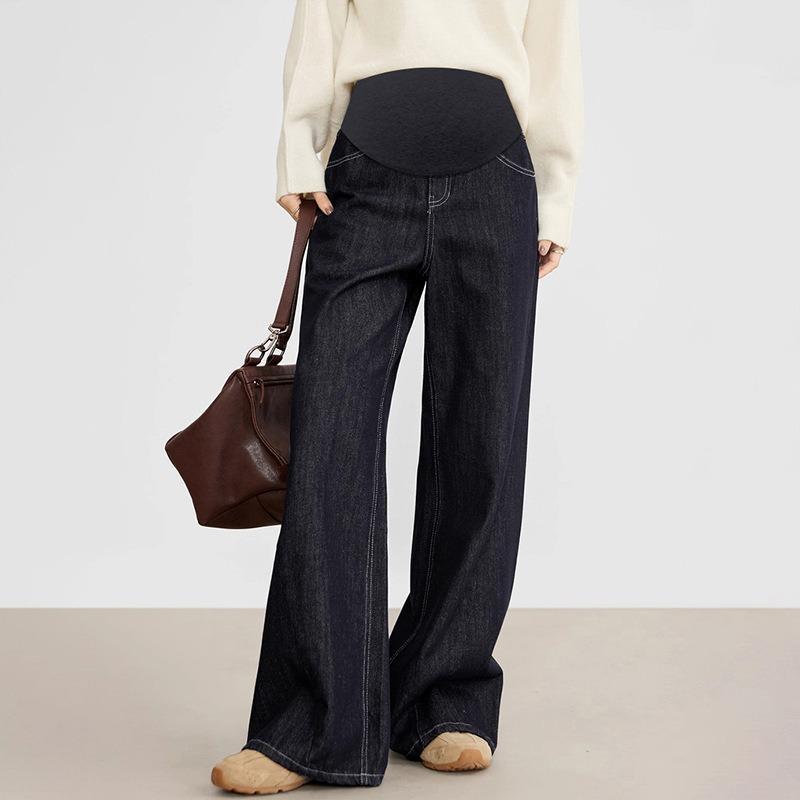 #Pregnant Women Do Not Fade Tannin Blue Jeans, Belly Support Pants, Loose Wide-leg Pants, Casual High-waisted Trousers