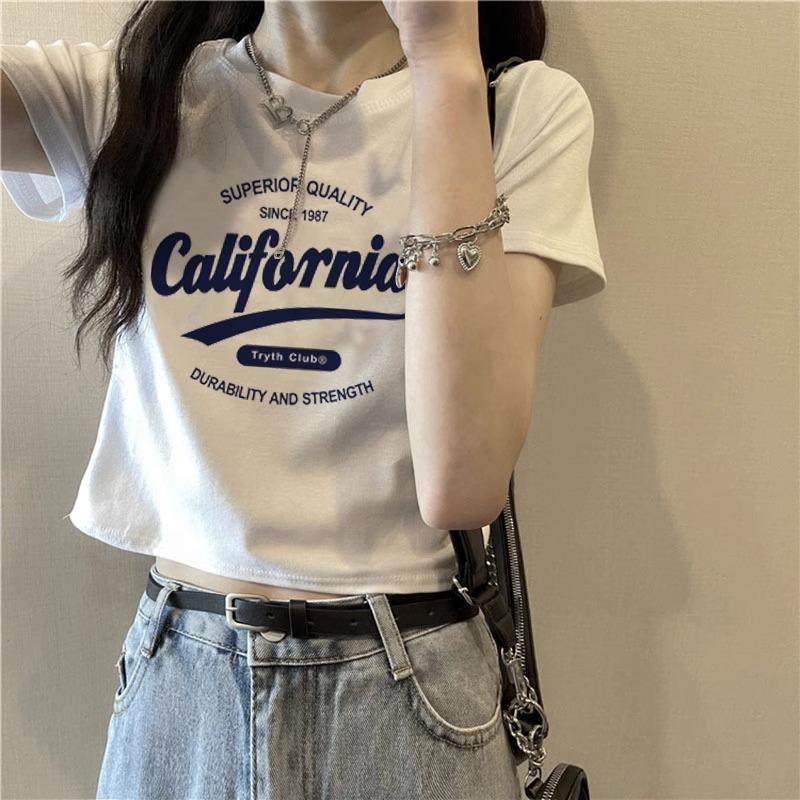 A pure cotton white t-shirt women's design front shoulder short sleeve summer letter print high waist spice top