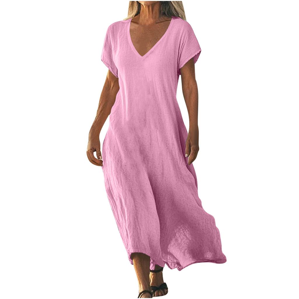 QICED Fashion Summer Spring Solid Color Print Short Sleeve V-Neck Casual Dresses