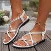 Fashion Casual Silver Cross Strap Sandals Women 2025 Summer Round Toe Flat Feels Gladiator Sandals Women Sexy Beach Shoes Plus Size 42