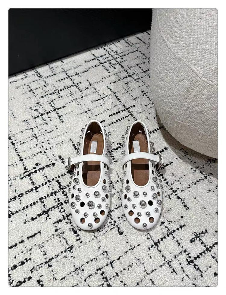 Cowhide Version~ Flat Bottom Metal Pearl One-word Buckle with Mary Jane Shoes Women's Autumn Leather Versatile Hollow Shallow Mouth Single Shoes
