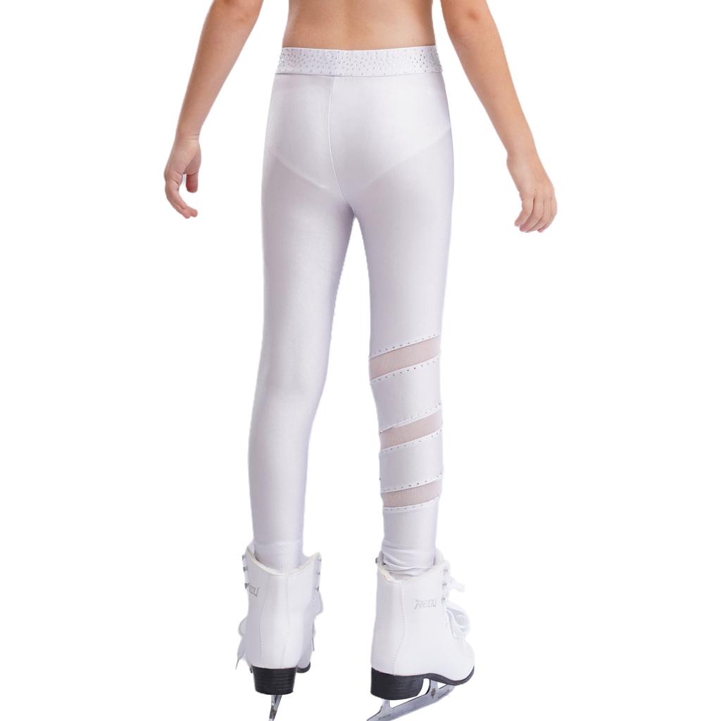 Girls Figure Skating Pants Sparkly Rhinestones Elastic Waistband Leggings Sheer Mesh Patchwork Trousers