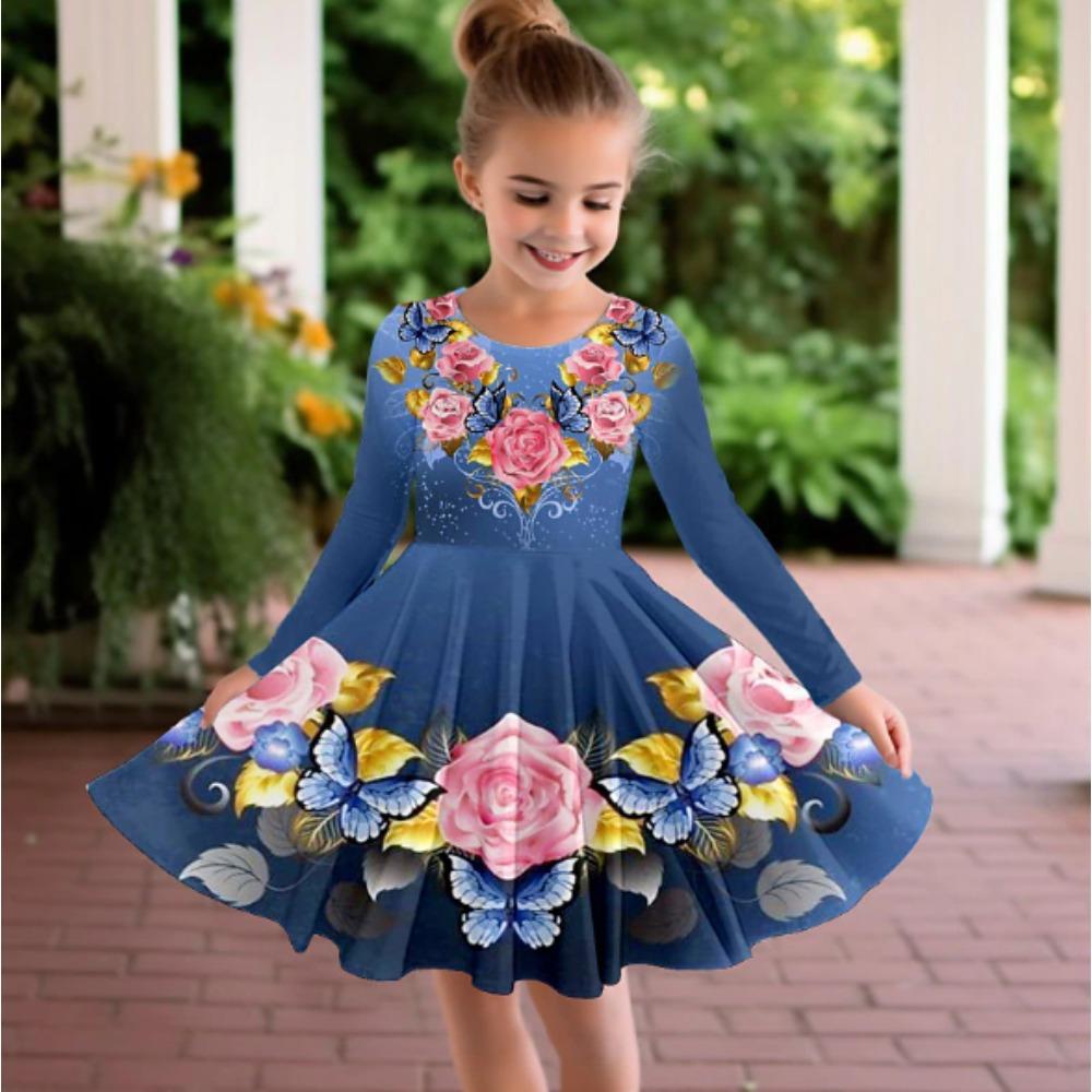 Vestito Casual da Bambina con Stampa Floreale 3D, Girocollo, Manica Lunga, Vestito da Principessa per Bambini