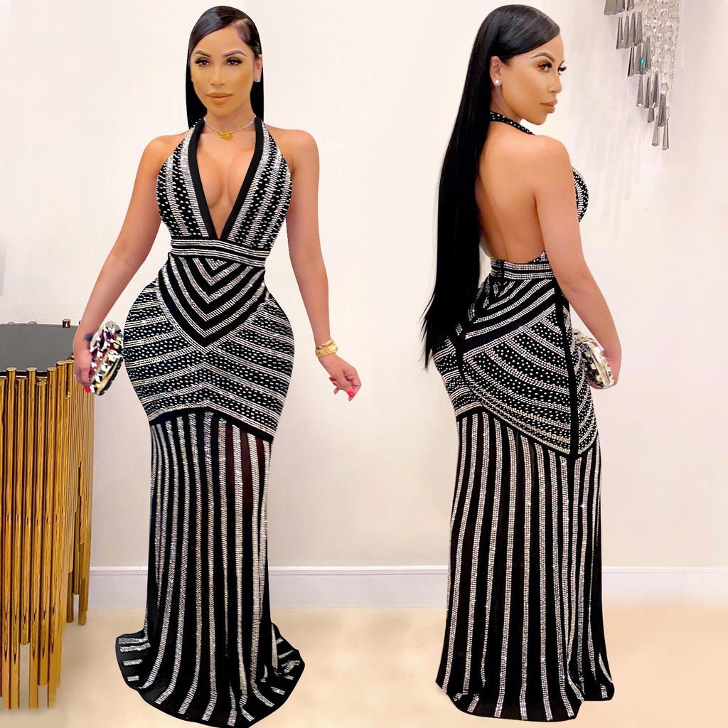 X3816 European Fashion Sexy Deep V Backless Rhinestone Long Nightclub Dress