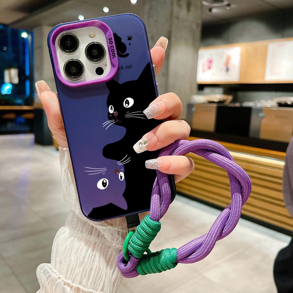 Cute Cartoon Black Cat Electroplate Lanyard Strap Phone Case For iPhone 15 14 13 12 11 16 Pro Max X XS 7 8 Plus Hand Strap Cover