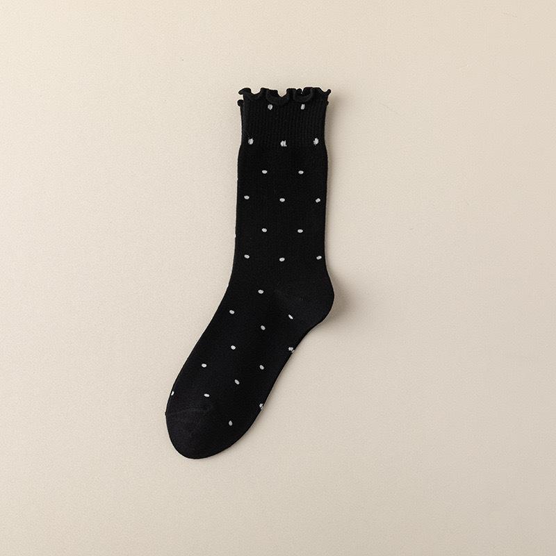 Black Fungus Polka Dot Pile Socks, Women's Mid-calf Socks, Casual Cotton Socks, Versatile Solid Color Ballet-style Cute Long Socks