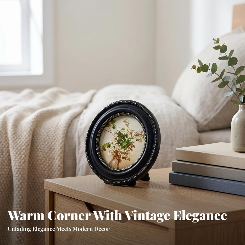 Picture Frame with Glass Front Beaded Round Photo Stand Decorative