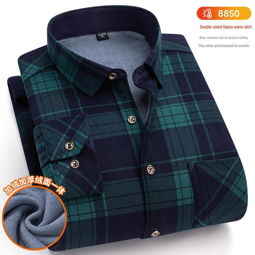 Men's Winter Warm Plaid Long-Sleeved Shirt with Plush Lining, Plus Sizes Available
