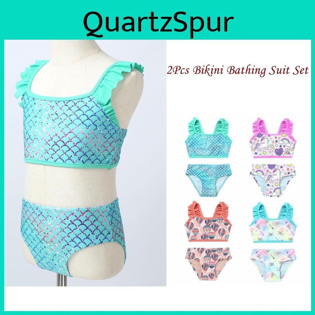 Kinder meisjes 2-delige tankini set met ruches, schouderbandjes, bedrukte crop top en bijpassend broekje, Hawaii bikini zwemkleding