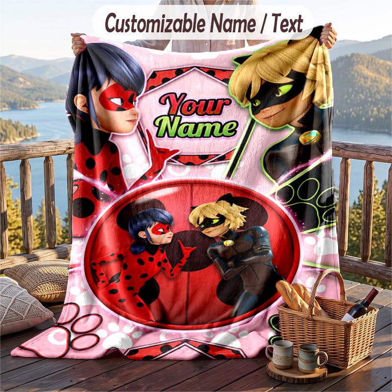 Miraculous Ladybug Flannel Blanket, Personalized Custom Name Text, Soft Warm Plush Throw Blanket For Gift