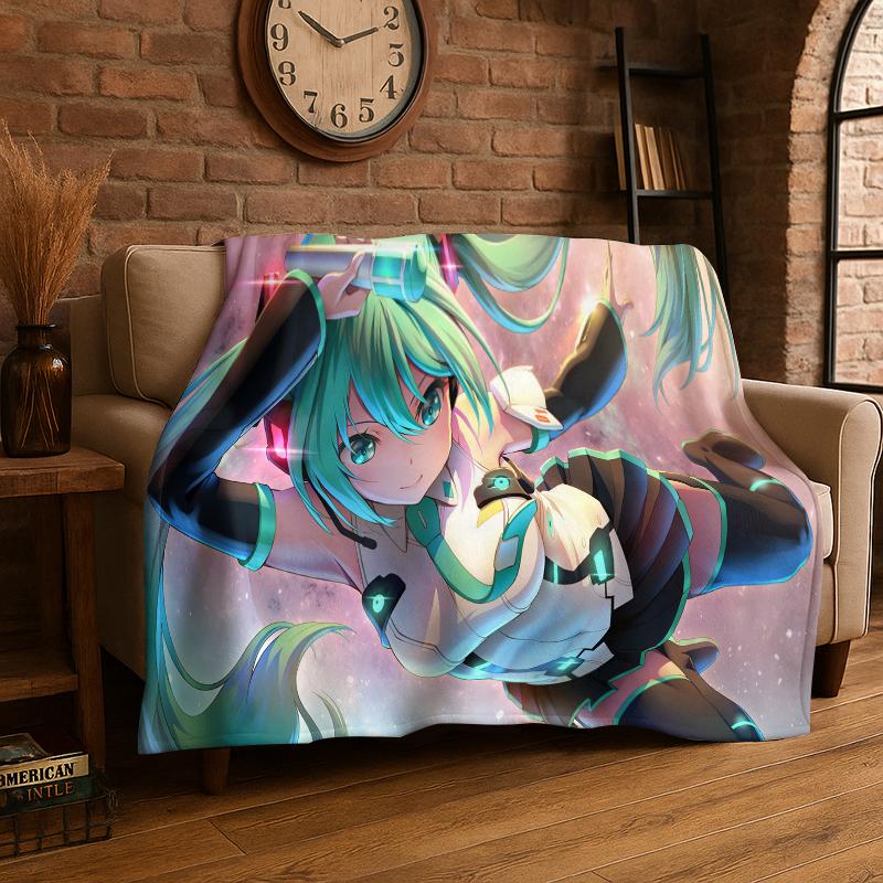 

Music Girl M-MIKU Cartoon Flannel Blanket Soft Warm Throw Blanket for Bedroom Living Room Bed Travel Camping Picnic Gift 75x90cm