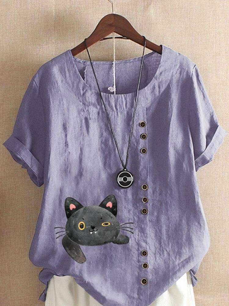 Women's Fashion Cat Printing Casual Cotton Linen Short Sleeve Round Neck T-shirt Shirt Leisure Loose Summer Blouse Tops