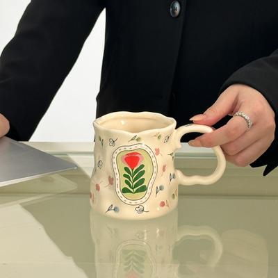 Ceramiczny Kubek do Kawy z Ergonomicznym Uchwytem Nieregularny Wzór Kwiatowy Kubek Można Myć w Zmywarce Nowatorski Kubek na Kawę Herbatę Mleko
