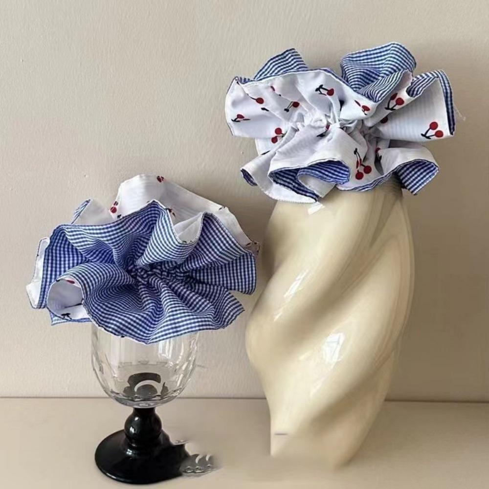 1/2pcs Sweet Plaid Fabric Cherry Double Layered Double-sided Large Intestine Headband for Women Tied Hair Balls Ponytail