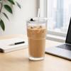 Ribbed Glass Cup with Lid And Straw, 600ml Large Capacity Iced Coffee Tumbler, Reusable Cold Drink Cup for Home Office Travel Use