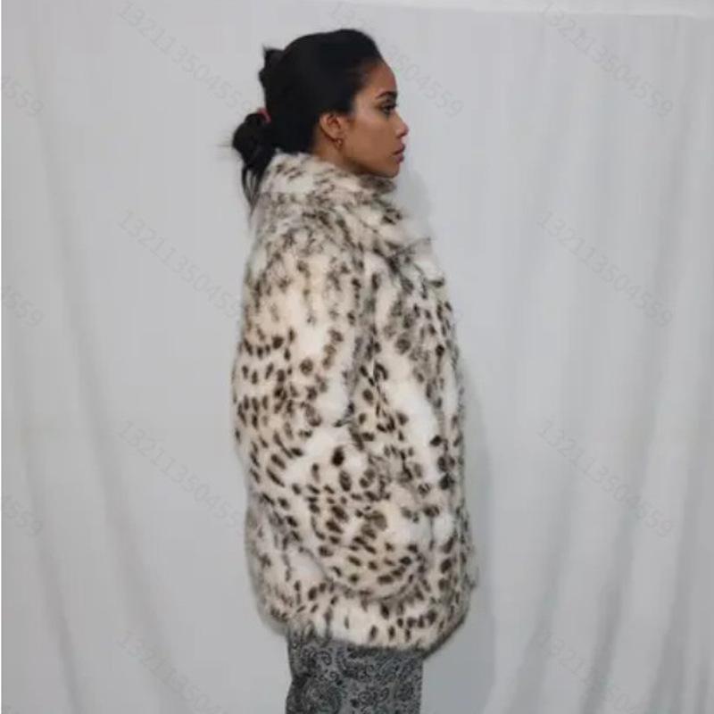 Women's fur jacket mink medium and long coat leopard print color casual winter warm babes party clothing