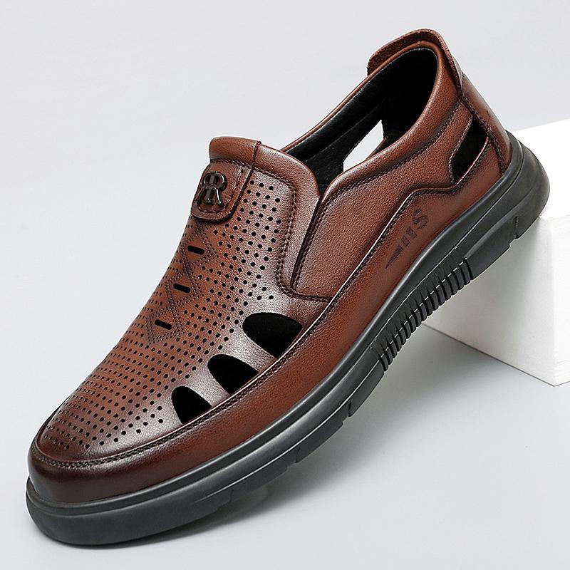 Vysoce kvalitní pánská formální business obuv z pravé kůže, letní černé/hnědé kožené sandály, módní prodyšná děrovaná pánská obuv
