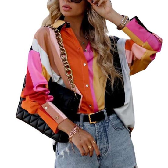 

Рукав большого размера, пуговицы с принтом, однобортная однобортная красочная свободная длинная блузка с фонариком OL, мягкая дышащая блузка в повседневном стиле