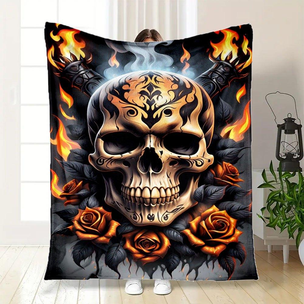 "Flaming Skull with Roses Tattoo Design Art Print"Blanket Flannel Throw Blanket for Sofa, Bed, Travel, Camping, Office, Couch, Chair, And Be